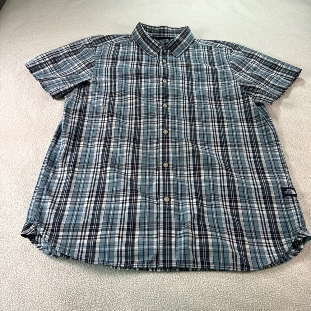 The North Face Mens Large Shirt Short Sleeve Plaid  Blue White Black